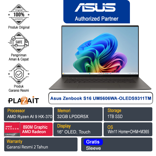 Asus Zenbook S16 UM5606WA-OLEDS9311TM /AMD Ryzen AI 9 HX-370/32GB/1TB SSD/AMD Radeon 890M Graphics/16" OLED Touch/Win 11 Home+OHM+M365/Zumaia Gray/2Y