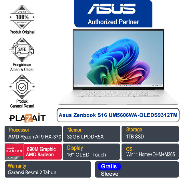 Asus Zenbook S16 UM5606WA-OLEDS9312TM /AMD Ryzen AI 9 HX-370/32GB/1TB SSD/AMD Radeon 890M Graphics/16" OLED Touch/Win 11 Home+OHM+M365/Scandinavian White/2Y