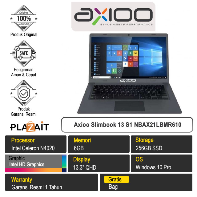 Axioo Slimbook 13 S1 NBAX21LBMR610 /Intel Celeron N4020/6GB/256GB SSD/Intel HD Graphics/13.3″ QHD/Win 10 Pro/Platinum Grey/1Y