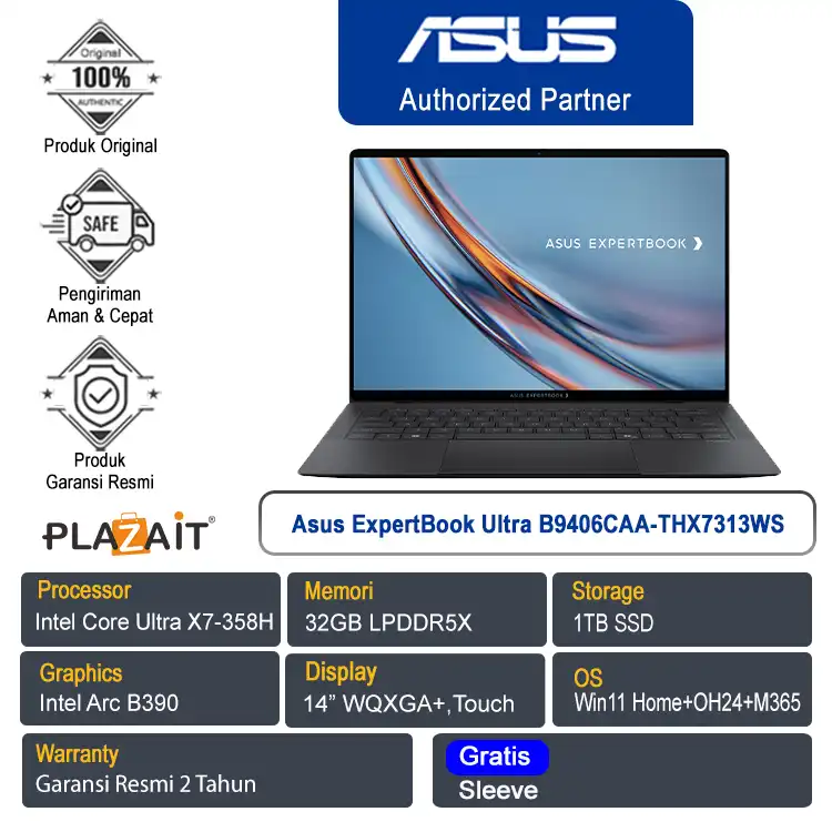 Asus ExpertBook Ultra B9406CAA-THX7313WS /Intel Core Ultra X7-358H/32GB/1TB SSD/Intel Arc B390/14" WQXGA+ Touch/Win 11 Home+OH24+M365/Jet Fog/2Y
