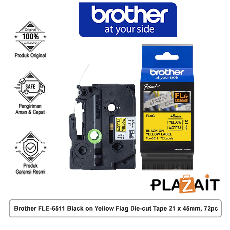 Brother FLe-6511 Black on Yellow Flag Die-cut Tape 21 x 45mm, 72pc