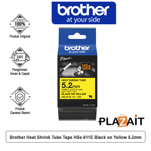 Brother Heat Shrink Tube Tape HSe-611E Black on Yellow 5.2mm