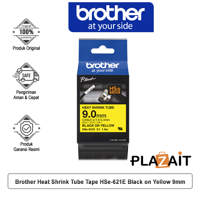 Brother Heat Shrink Tube Tape HSe-621E Black on Yellow 9mm