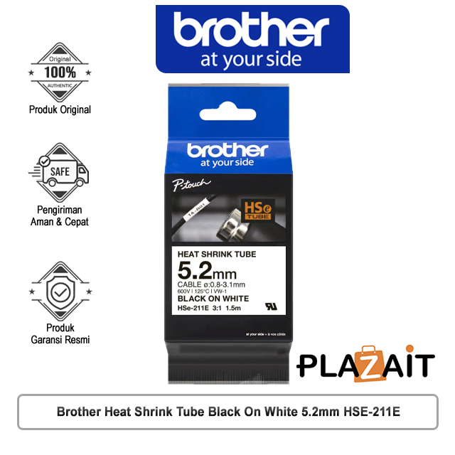 Brother HSe-211e Heat Shrink Tube, Black on White 5.2mm