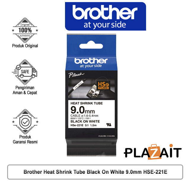 Brother HSE-221E Heat Shrink Tube Black On White 9.0mm