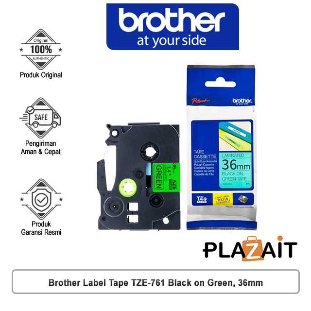 Brother Label Tape TZE-761 Black on Green, 36mm