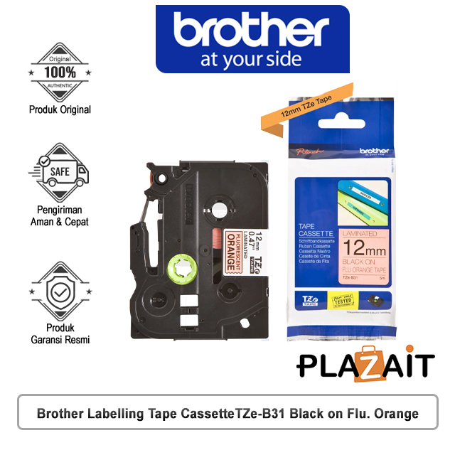 Brother Labelling Tape Cassette TZe-B31 Black on Flu. Orange 12mm