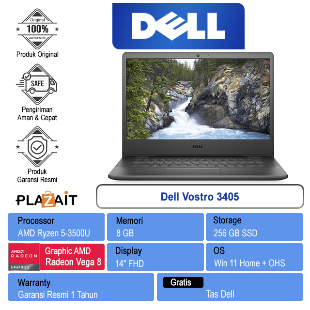 Dell Vostro 3405 /AMD Ryzen 5 3500U/8GB/256GB SSD/AMD Radeon Vega 8 Graphics/14" FHD/Win 11 Home+OHS/Black/1Y