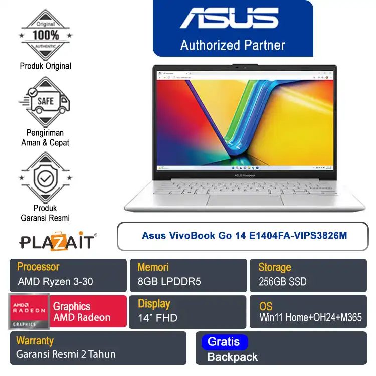 Asus VivoBook Go 14 E1404FA-VIPS3826M /AMD Ryzen 3-30/8GB/256GB SSD/AMD Radeon Graphics/14" FHD/Win 11 Home+OH24+M365/Cool Silver/2Y