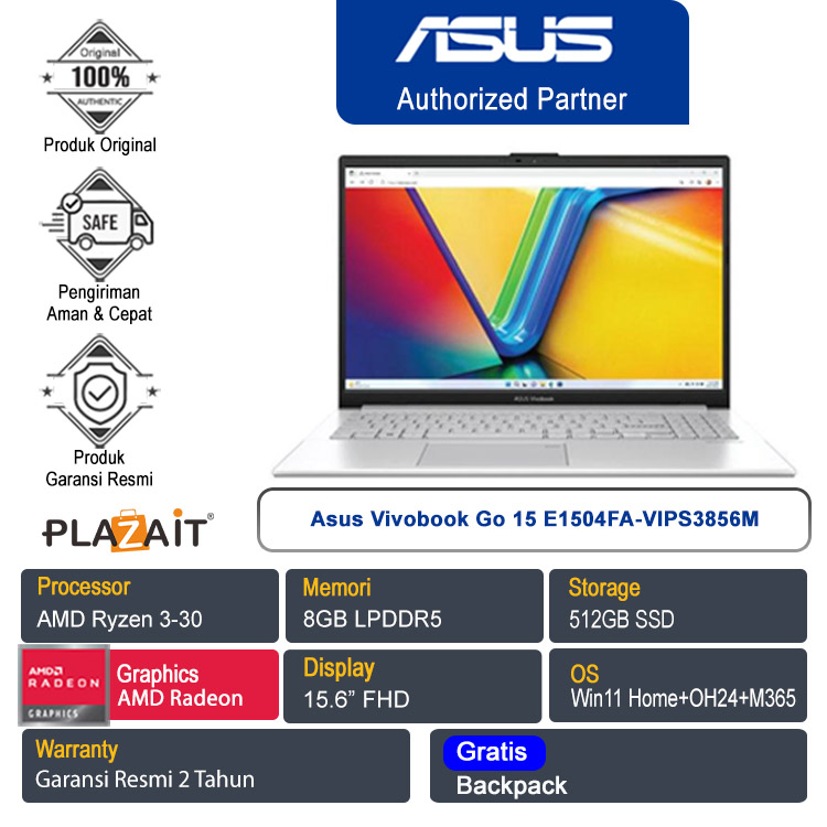 Asus Vivobook Go 15 E1504FA-VIPS3856M /AMD Ryzen 3-30/8GB/512GB SSD/AMD Radeon Graphics/15.6" FHD/Win 11 Home+OH24+M365/Cool Silver/2Y