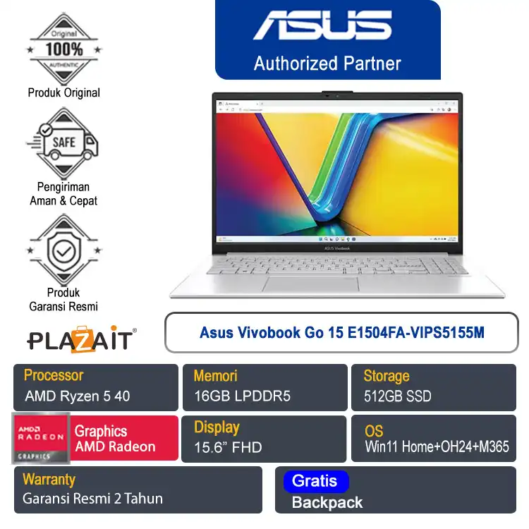 Asus Vivobook Go 15 E1504FA-VIPS5156M /AMD Ryzen 5-40/16GB/512GB SSD/AMD Radeon Graphics/14" FHD/Win 11 Home+OH24+M365/Cool Silver/2Y