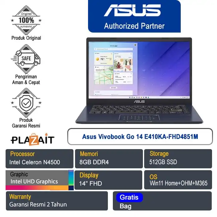Asus Vivobook Go 14 E410KA-FHD4851M /Intel Celeron N4500/8GB/512GB SSD/Intel UHD Graphics/14" FHD/Win 11 Home+OHM+M365/Star Black/2Y