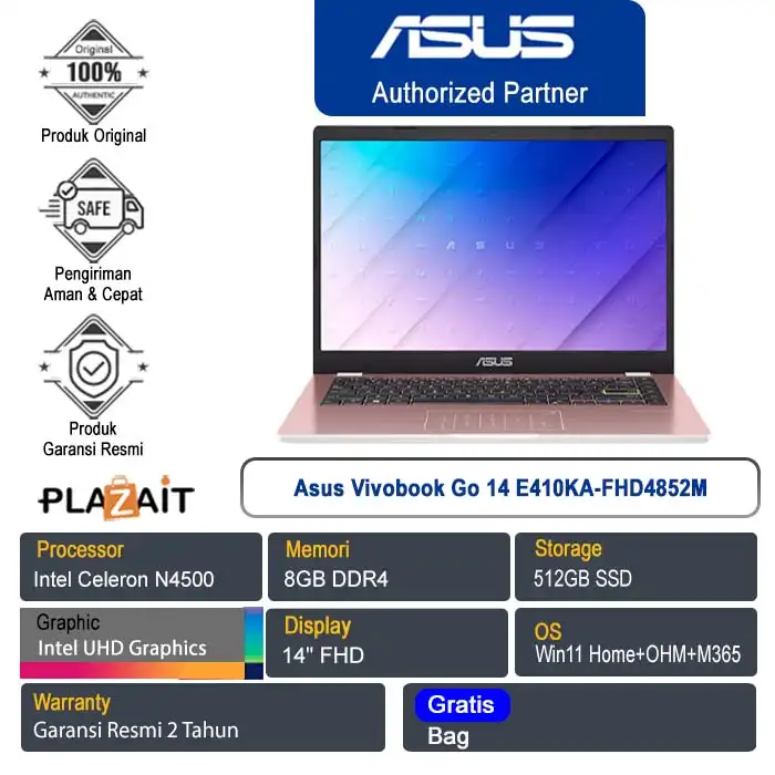Asus Vivobook Go 14 E410KA-FHD4852M /Intel Celeron N4500/8GB/512GB SSD/Intel UHD Graphics/14" FHD/Win 11 Home+OHM+M365/Rose Pink/2Y