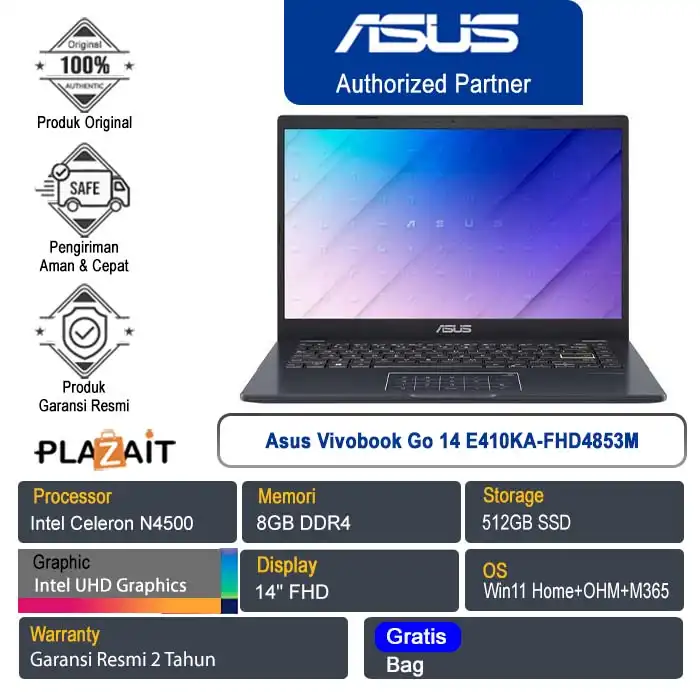 Asus Vivobook Go 14 E410KA-FHD4853M /Intel Celeron N4500/8GB/512GB SSD/Intel UHD Graphics/14" FHD/Win 11 Home+OHM+M365/Peacock Blue/2Y