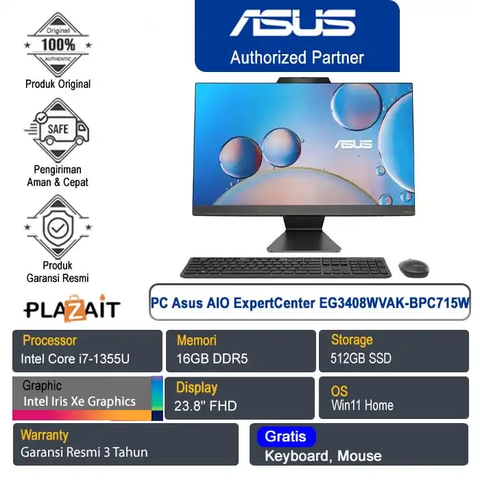 PC Asus All In One ExpertCenter EG3408WVAK-BPC715W /Intel Core i7-1355U/16GB/512GB SSD/Intel Iris Xe Graphics/23.8" FHD/Win 11 Home/Black/3Y