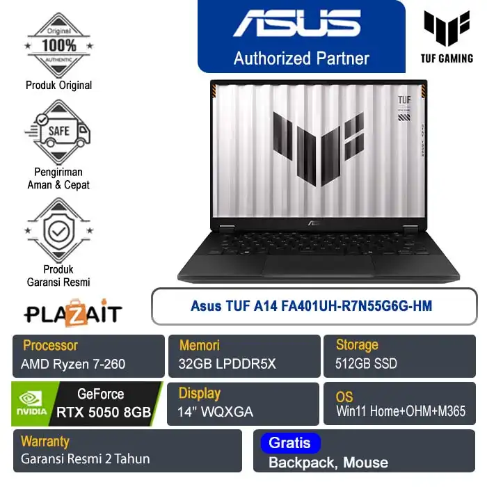 Asus TUF A14 FA401UH-R7N55G6G-HM /AMD Ryzen 7-260/32GB/512GB SSD/NVIDIA GeForce RTX 5050 8GB/14" WQXGA/Win 11 Home+OHM+M365/Jaeger Gray/2Y