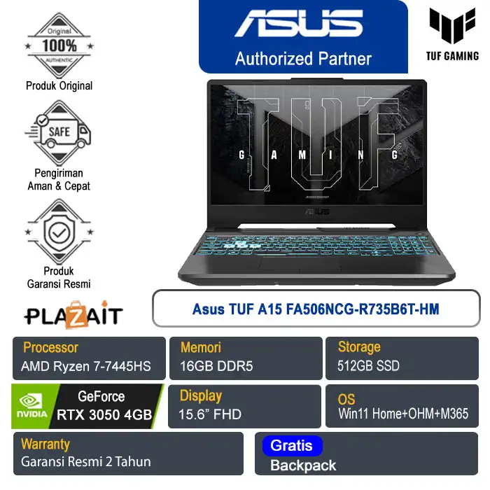Asus TUF A15 FA506NCG-R735B6T-HM /AMD Ryzen 7-7445HS/16GB/512GB SSD/NVIDIA GeForce RTX 3050 4GB/15.6" FHD/Win 11 Home+OHM+M365/Graphite Black/2Y