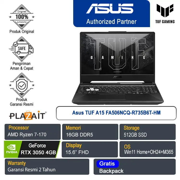Asus TUF A15 FA506NCQ-R735B6T-HM /AMD Ryzen 7-170/16GB/512GB SSD/NVIDIA GeForce RTX 3050 4GB/15.6" FHD/Win 11 Home+OH24+M365/Graphite Black/2Y