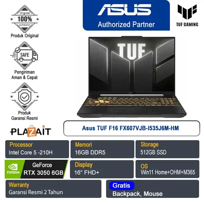 Asus TUF F16 FX607VJB-I535J6M-HM /Intel Core 5-210H/16GB/512GB SSD/NVIDIA GeForce RTX 3050 6GB/16" FHD+/Win 11 Home+OHM+M365/Mecha Grey/2Y
