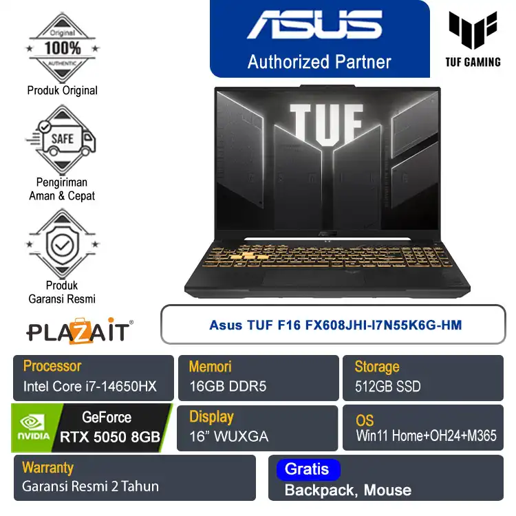 Asus TUF F16 FX608JHI-I7N55K6G-HM /Intel Core i7-14650HX/16GB/512GB SSD/ NVIDIA GeForce RTX 5050 8GB/16" FHD+/Win 11 Home+OH24+M365/Jaeger Gray/2Y