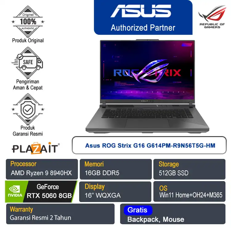 Asus ROG Strix G16 G614PM-R9N56T5G-HM /AMD Ryzen 9-8940HX/16GB/512GB SSD/NVIDIA GeForce RTX 5060 8GB/16″ WQXGA/Win 11 Home+OH24+M365/Eclipse Gray/2Y