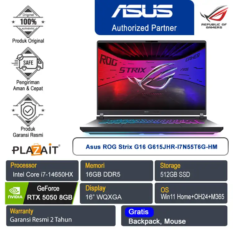 Asus ROG Strix G16 G615JHR-I7N55T6G-HM /Intel Core i7-14650HX/16GB/512GB SSD/NVIDIA GeForce RTX 5050 8GB GDDR7/16" WQXGA/Win 11 Home+OH24+M365/Eclipse Gray/2Y