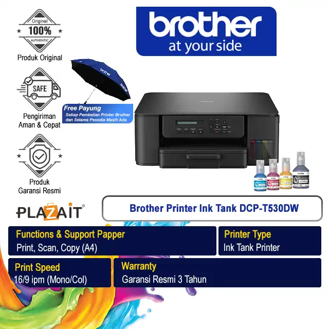 Brother Brother Printer Ink Tank DCP-T530DW A4 WiFi - All In One (Print, Scan, Copy) Harga Rp 3.200.000 Toko Medan