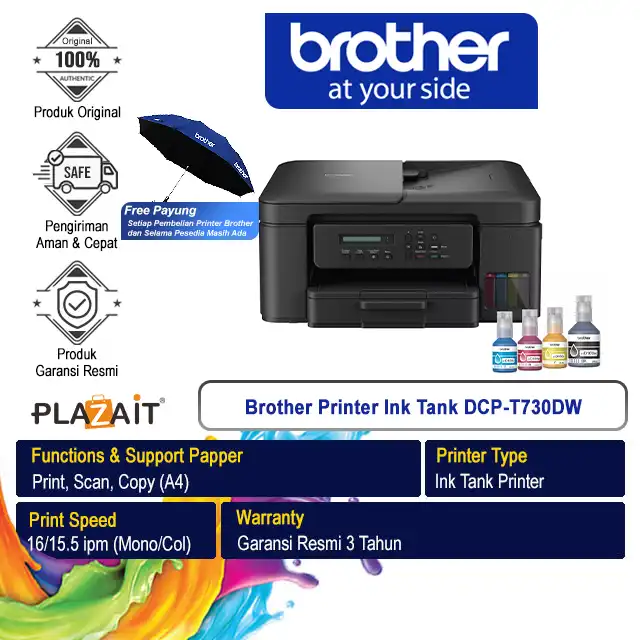 Brother Brother Printer Ink Tank DCP-T730DW A4 WiFi - All In One (Print, Scan, Copy) Harga Rp 3.900.000 Toko Medan
