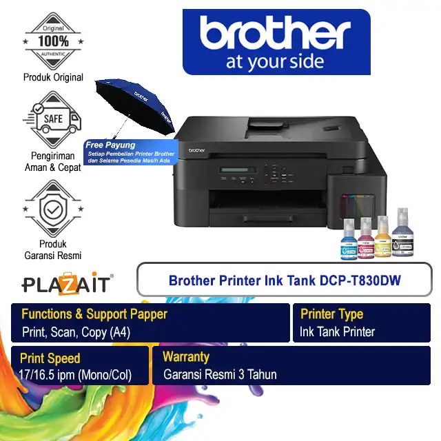 Brother Brother Printer Ink Tank DCP-T830DW A4 WiFi - All In One (Print, Scan, Copy) Harga Rp 4.500.000 Toko Medan