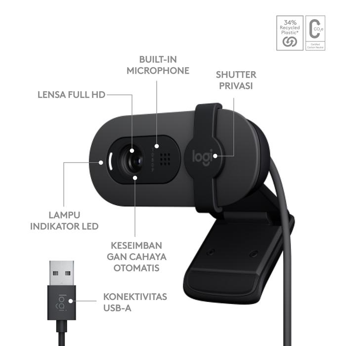 Logitech Logitech Brio 100 Webcam Full HD, Built in Mic, Auto-Light Balance, Privacy Shutter Harga Rp 545.000 Toko Medan