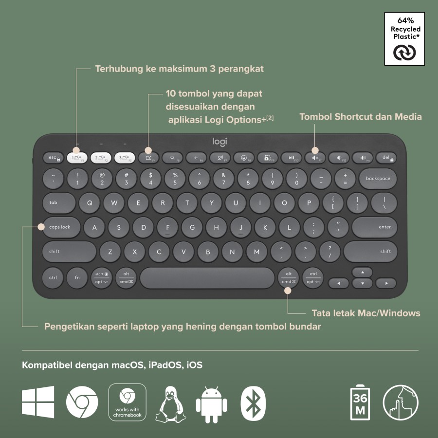 Logitech Logitech K380s Keyboard Wireless Bluetooth Multi Perangkat Pebble Keys2 Blue Harga Rp 596.000 Toko Medan