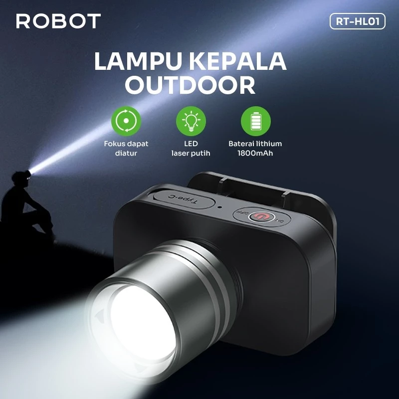 Robot Robot RT-HL01 Senter Lampu Kepala Headlamp Outdoor Camping/Emergency Lamp LED 1800mAh Harga Rp 129.000 Toko Medan