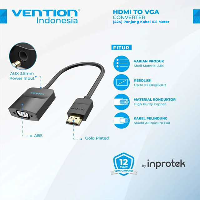 Vention Vention 424 Kabel Converter HDMI to VGA with Female Micro USB and Audio Port Harga Rp 110.000 Toko Medan