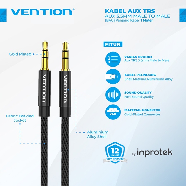 Vention Vention BAG Kabel Audio Aux 3.5mm Male to Male Fabric Braided Black Metal Type Black Harga Rp 43.000 Toko Medan