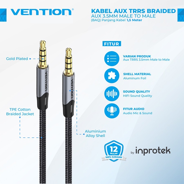 Vention Vention BAQ Kabel Audio Aux 3.5mm Male to Male TRRS Braided Gray Gray Harga Rp 36.000 Toko Medan