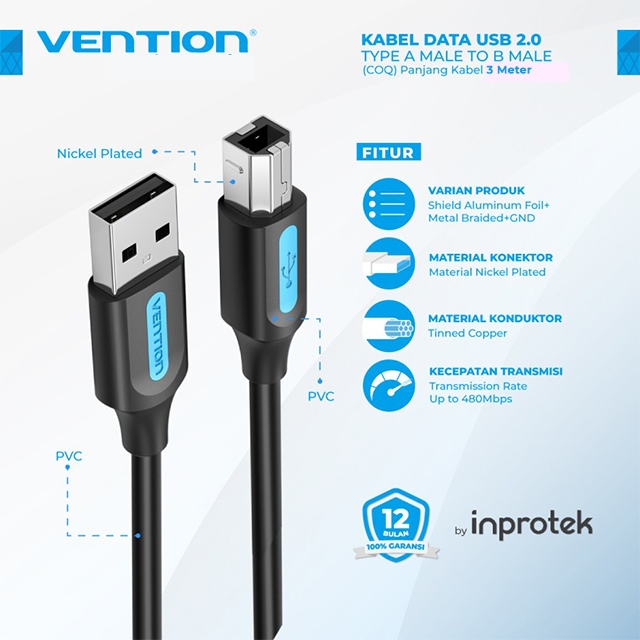Vention Vention COQ Kabel Data USB 2.0 A Male to B Male Kabel Printer Harga Rp 25.000 Toko Medan