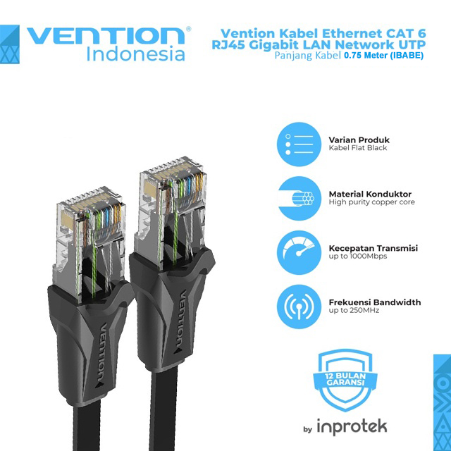 Vention Vention IBA Kabel LAN RJ45 Cat.6 Flat Gigabit UTP Black Harga Rp 23.000 Toko Medan