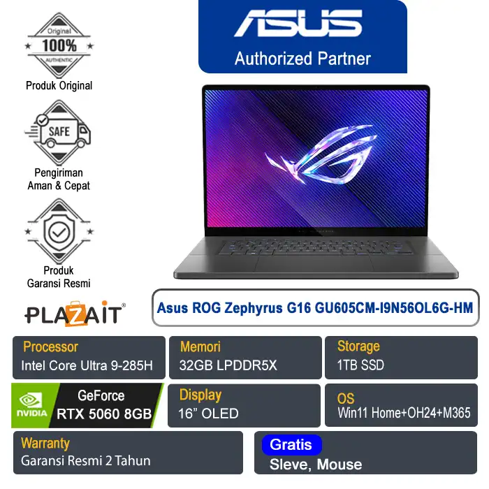 Asus ROG Zephyrus G16 GU605CM-I9N56OL6G-HM /Intel Core Ultra 9-285H/32GB/1TB SSD/NVIDIA GeForce RTX 5060 8GB/16" OLED/Win 11 Home+OH24+M365/Eclipse Gray/2Y