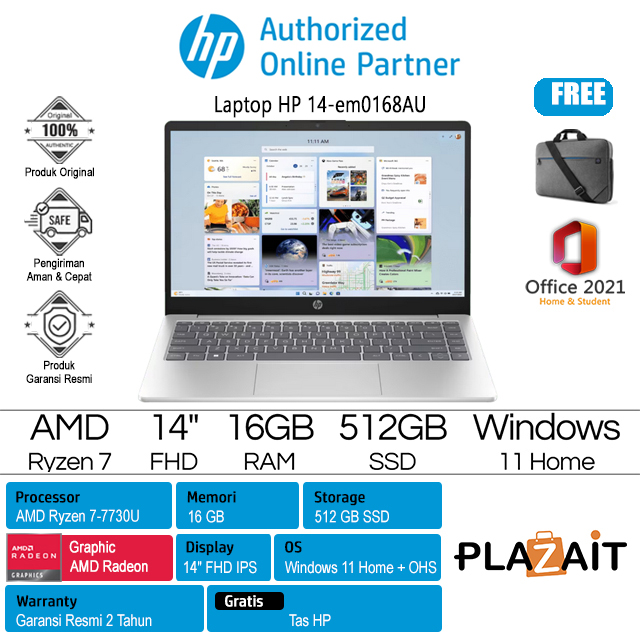 HP 14-em0168AU - AD7Q1PA /AMD Ryzen 7-7730U/16GB/512GB SSD/AMD Radeon Graphics/14" FHD/Win 11 Home+OHS 2021/Silver/2Y
