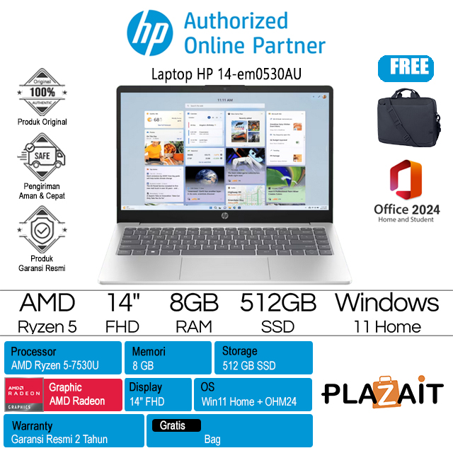 HP 14-em0530AU - BD0Y1PA /AMD Ryzen 5-7530U/8GB/512GB SSD/AMD Radeon Graphics/14" FHD/Win 11 Home+OH24+M365/Silver/2Y