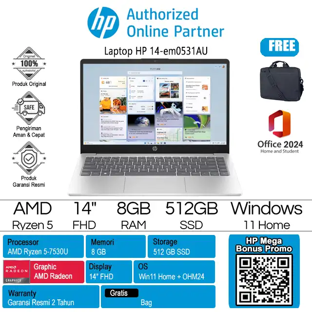 HP 14-em0531AU - BD0Y2PA /AMD Ryzen 5-7530U/8GB/512GB SSD/AMD Radeon Graphics/14" FHD/Win 11 Home+OH24+M365/Gold/2Y