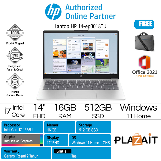 HP 14-ep0018TU - 7M4W3PA /Intel Core i7-1355U/ 16GB/512GB SSD/Intel Iris Xe Graphics/14″ FHD/Win 11 Home + OHS 2021/Blue/2Y