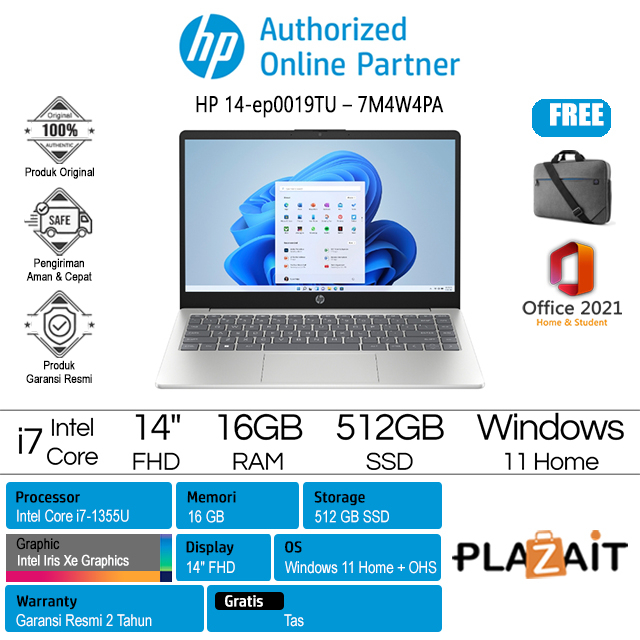 HP 14-ep0019TU - 7M4W4PA /Intel Core i7-1355U/ 16GB/512GB SSD/Intel Iris Xe Graphics/14″ FHD/Win 11 Home + OHS 2021/Silver/2Y