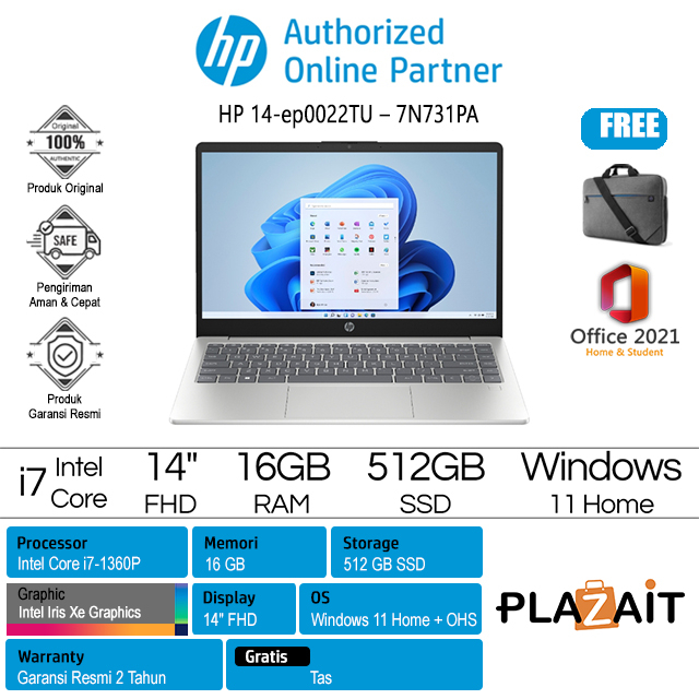 HP 14-ep0022TU - 7N731PA /Intel Core i7-1360P/16GB/512GB SSD/Intel Iris Xe Graphics/14″ FHD/Win 11 Home + OHS 2021/Silver/2Y