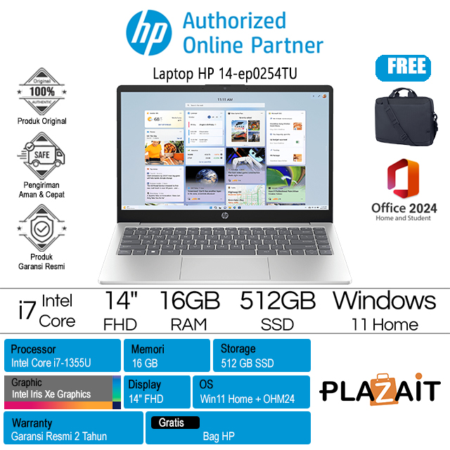 HP 14-ep0254TU - BP0S8PA /Intel Core i7-1355U/16GB/512GB SSD/Intel Iris Xe Graphics/14″ FHD/Win 11 Home+OH24+M365/Gold/2Y