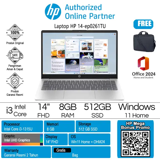 HP 14-ep0261TU - BD0Y5PA /Intel Core i3-1315U/8GB/512GB SSD/Intel UHD Graphics/14″ FHD/Win 11 Home+OH24+M365/Silver/2Y