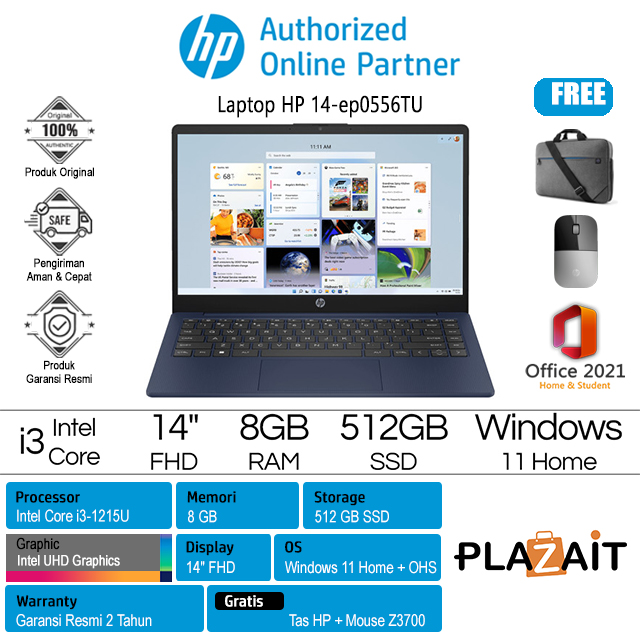 HP 14-ep0556TU - A20GYPA /Intel Core i3-1215U/8GB/512GB SSD/Intel UHD Graphics/14″ FHD/Win 11 Home+OHS 2021/Blue/2Y