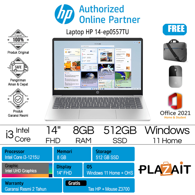 HP 14-ep0557TU - A20GZPA /Intel Core i3-1215U/8GB/512GB SSD/Intel UHD Graphics/14″ FHD/Win 11 Home+OHS 2021/Gold/2Y