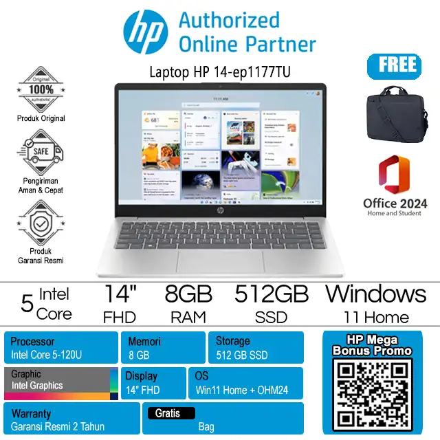 HP 14-ep1177TU - C7SD0PA /Intel Core 5-120U/8GB/512GB SSD/Intel Graphics/14″ FHD/Win 11 Home+OH24+M365/Silver/2Y