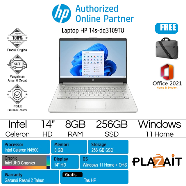 HP 14s-dq3109TU - 7Z6W4PA /Intel Celeron N4500/ 8GB/256GB SSD/Intel UHD Graphics/14″ HD/Win 11 Home+OHS 2021/Silver/2Y